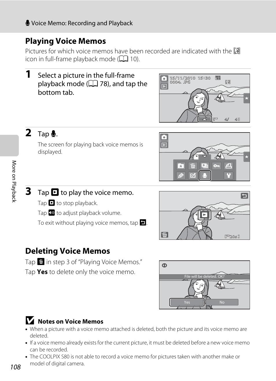 Playing voice memos, Deleting voice memos, Playing voice memos deleting voice memos | A 108) to play the voice memo, Tap e | Nikon Coolpix S80 User Manual | Page 120 / 204
