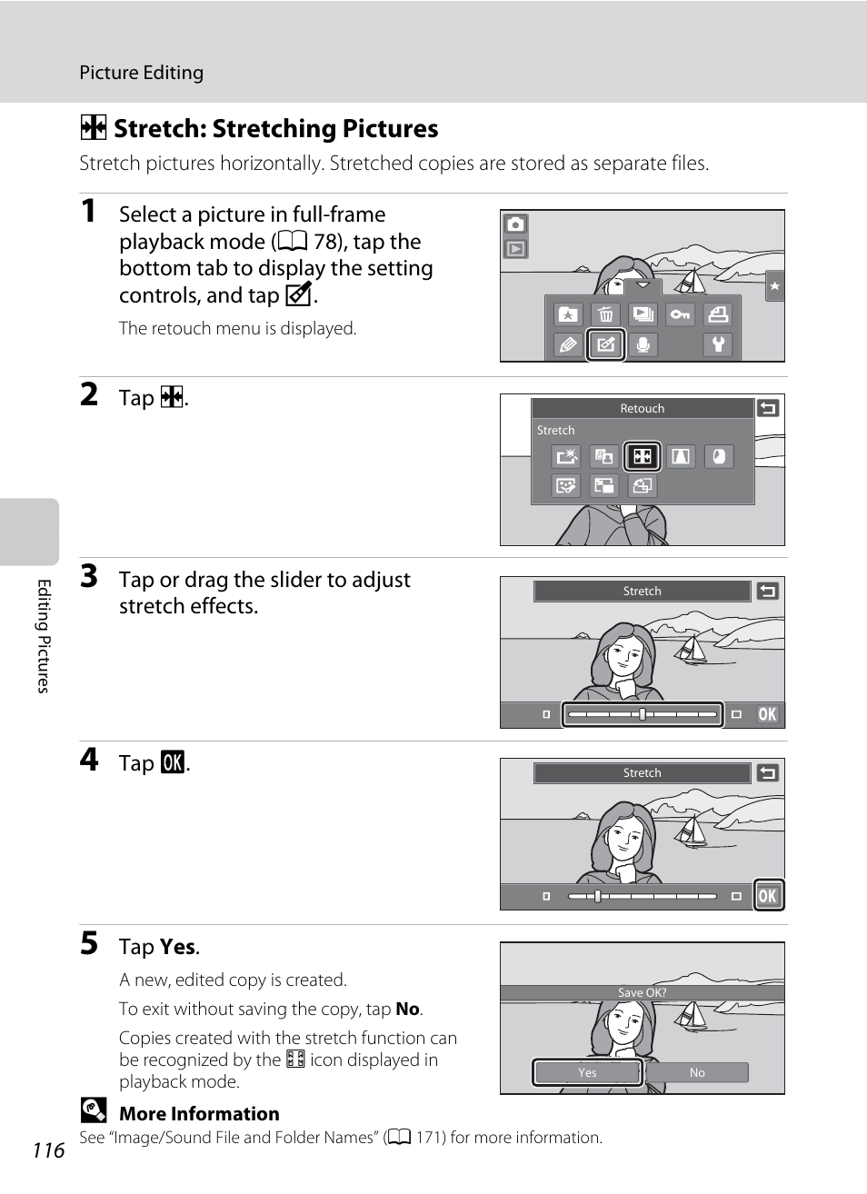 Stretch: stretching pictures, P stretch: stretching pictures, A 116) | Nikon Coolpix S80 User Manual | Page 128 / 204