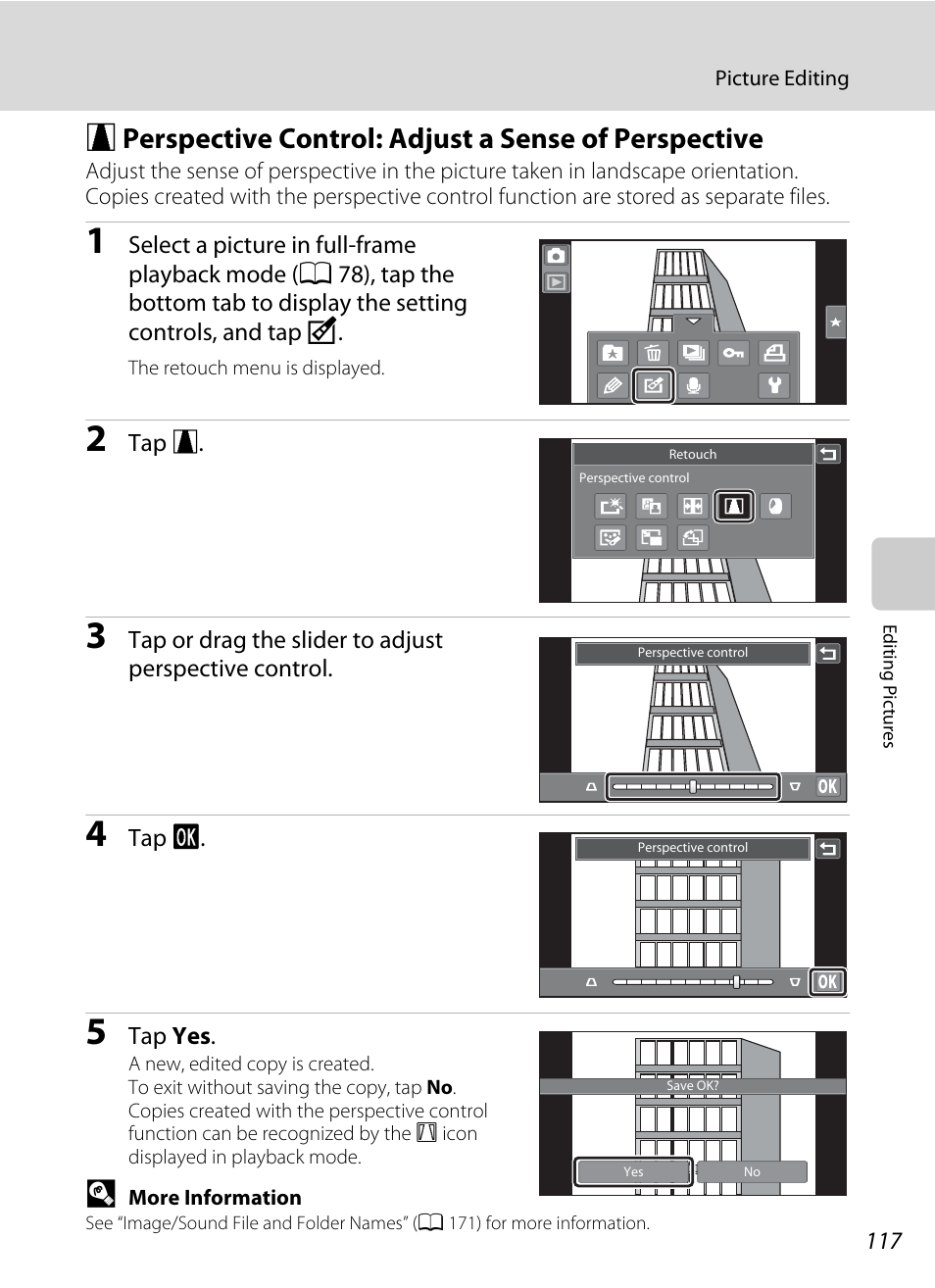 Perspective control: adjust a sense of perspective, A 117) | Nikon Coolpix S80 User Manual | Page 129 / 204