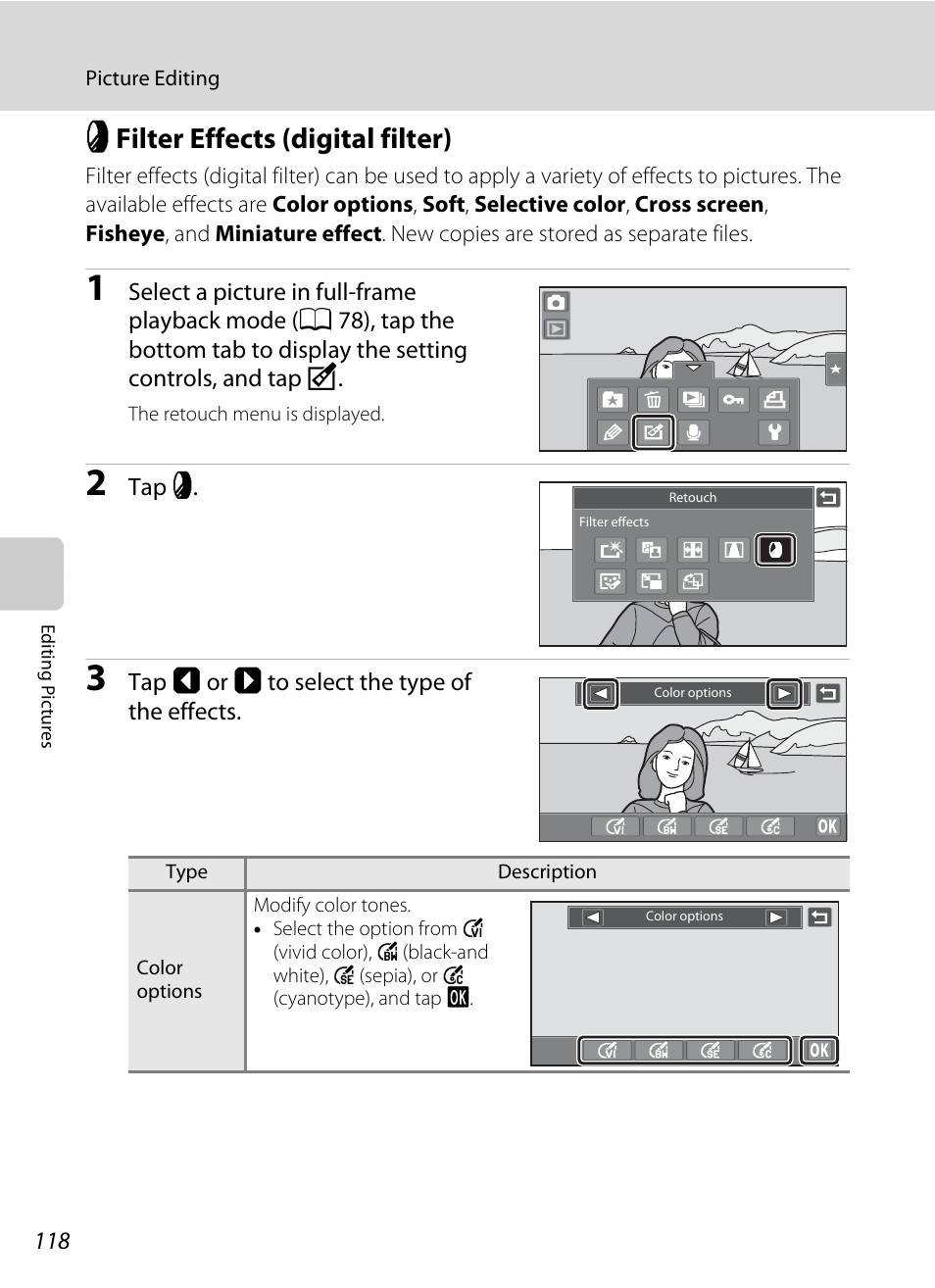 Filter effects (digital filter), I filter effects (digital filter), A 118) | Nikon Coolpix S80 User Manual | Page 130 / 204