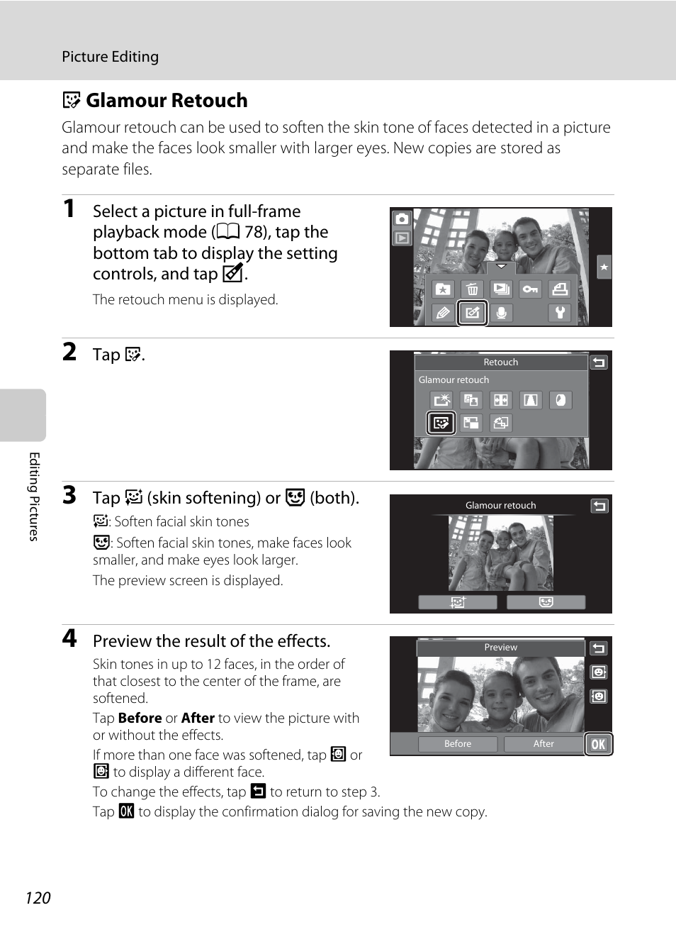 Glamour retouch, J glamour retouch, A 120) | Nikon Coolpix S80 User Manual | Page 132 / 204