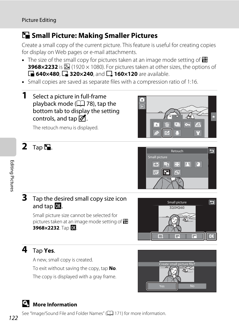 Small picture: making smaller pictures, G small picture: making smaller pictures, A 122) | Tap g, Tap the desired small copy size icon and tap i, Tap yes | Nikon Coolpix S80 User Manual | Page 134 / 204