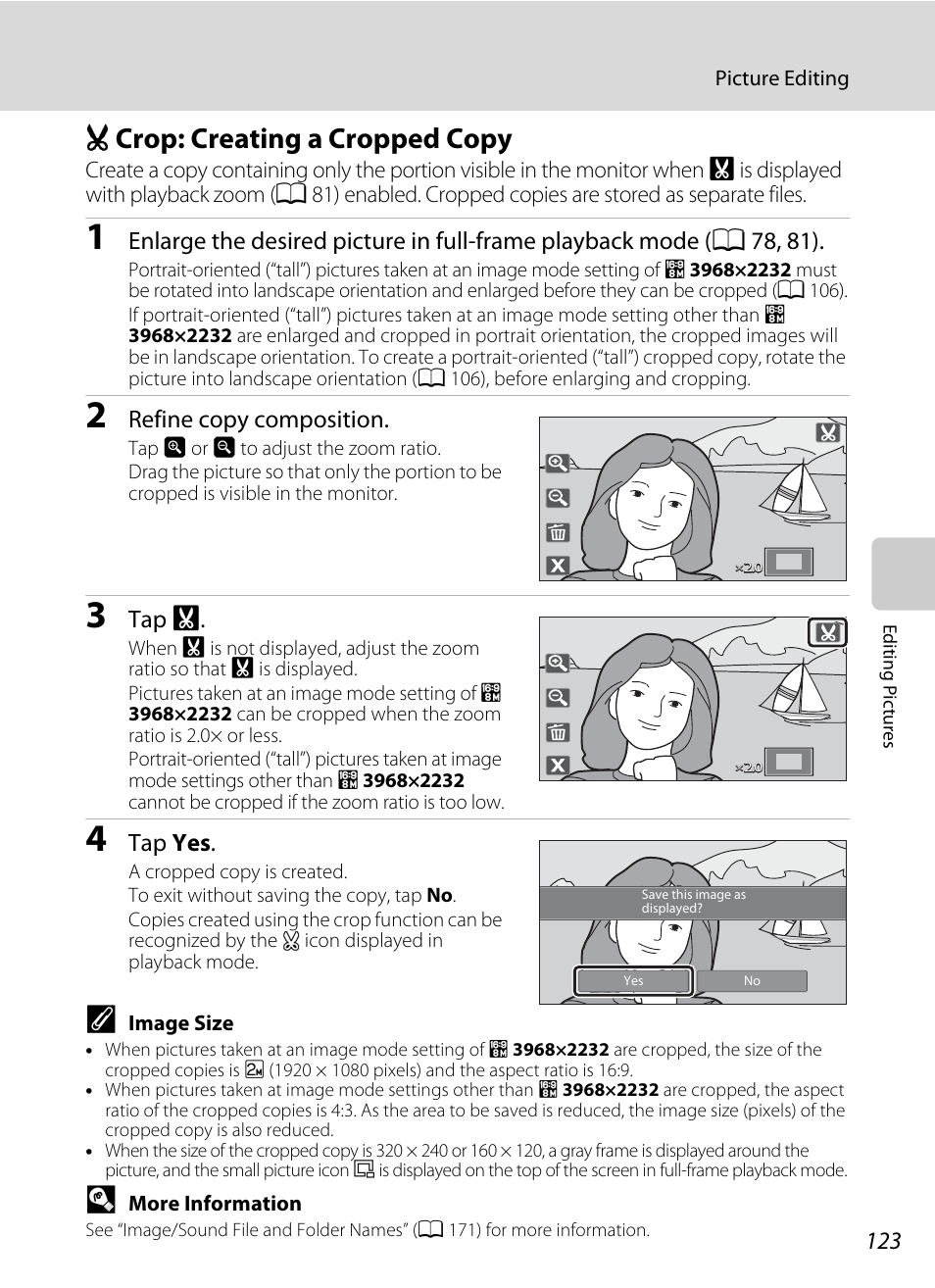 Crop: creating a cropped copy, O crop: creating a cropped copy, A 123) | Refine copy composition, Tap g, Tap yes | Nikon Coolpix S80 User Manual | Page 135 / 204