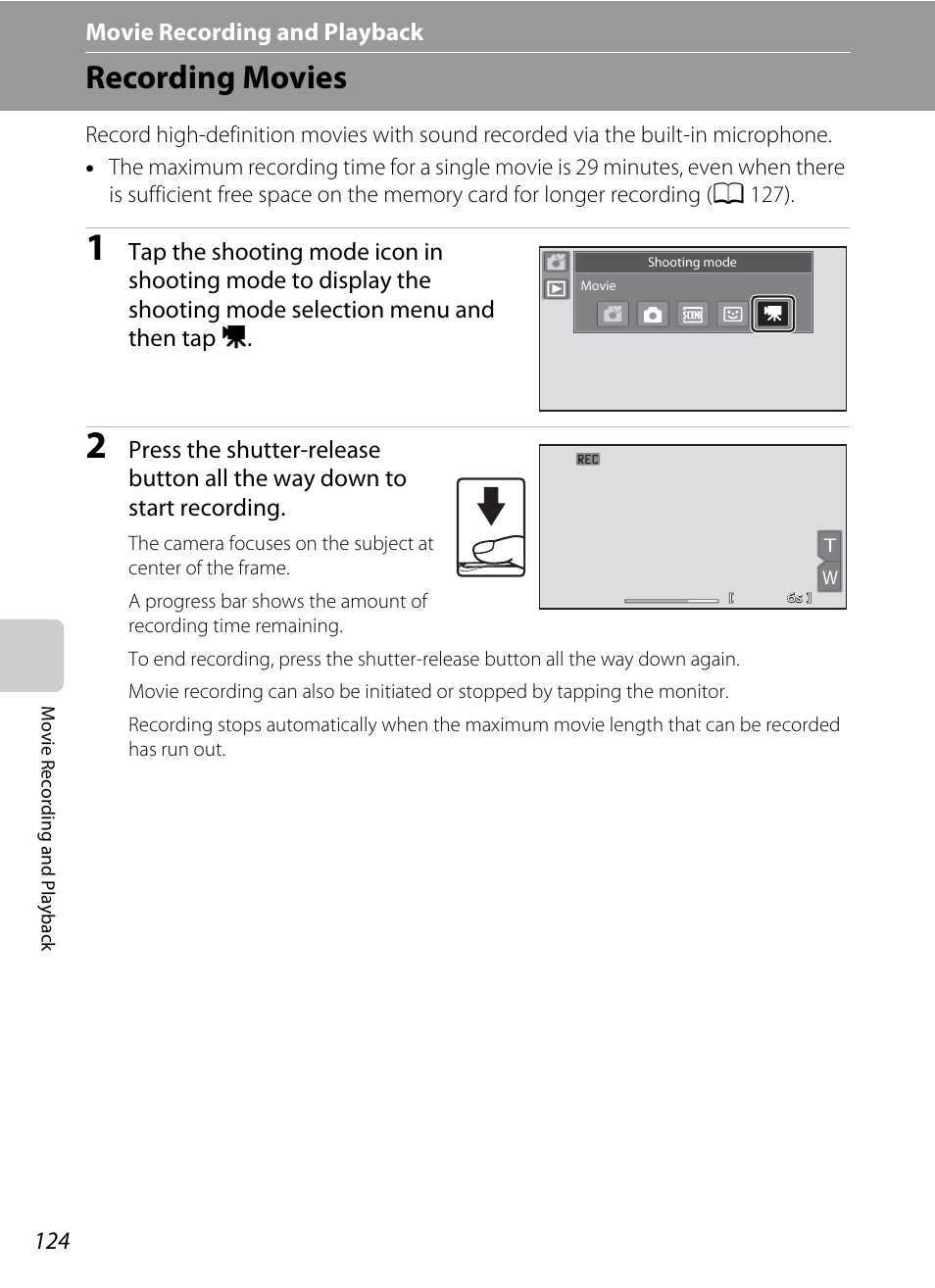 Movie recording and playback, Recording movies, A 124) | A 124 | Nikon Coolpix S80 User Manual | Page 136 / 204