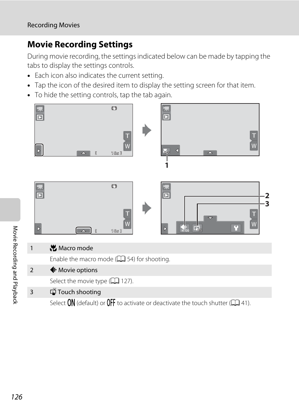 Movie recording settings, A 126 | Nikon Coolpix S80 User Manual | Page 138 / 204