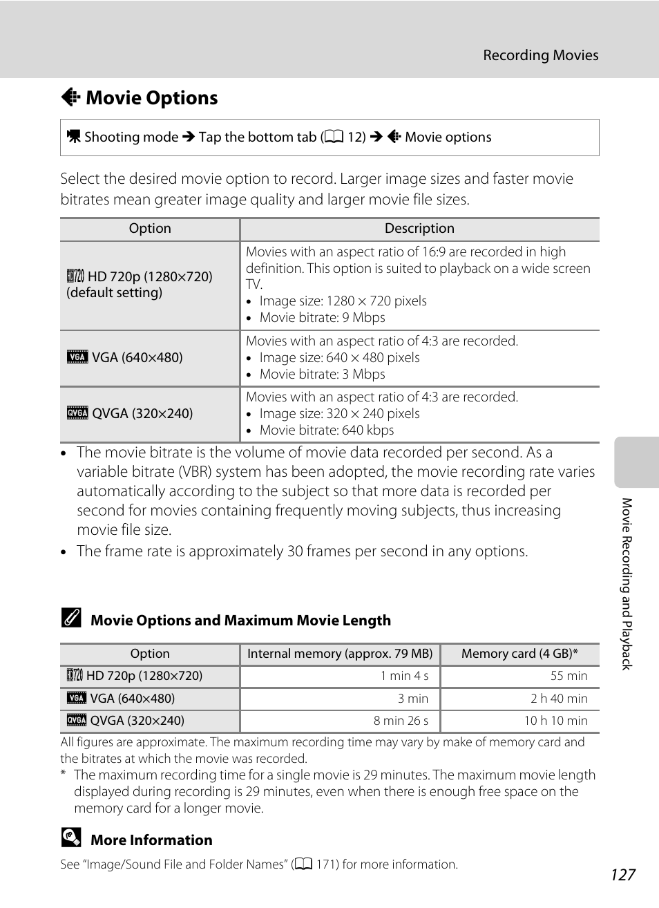 Movie options, A movie options, A 127) | Nikon Coolpix S80 User Manual | Page 139 / 204