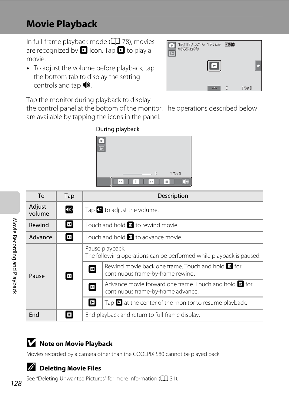 Movie playback, A 128) | Nikon Coolpix S80 User Manual | Page 140 / 204