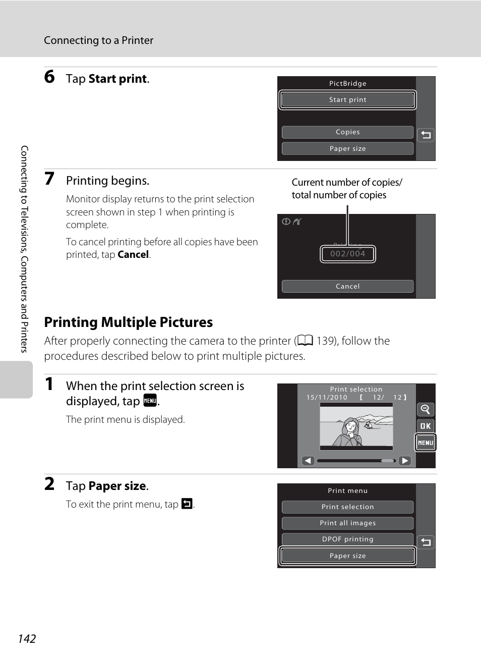 Printing multiple pictures, A 142), Tap start print | Printing begins, Tap paper size | Nikon Coolpix S80 User Manual | Page 154 / 204