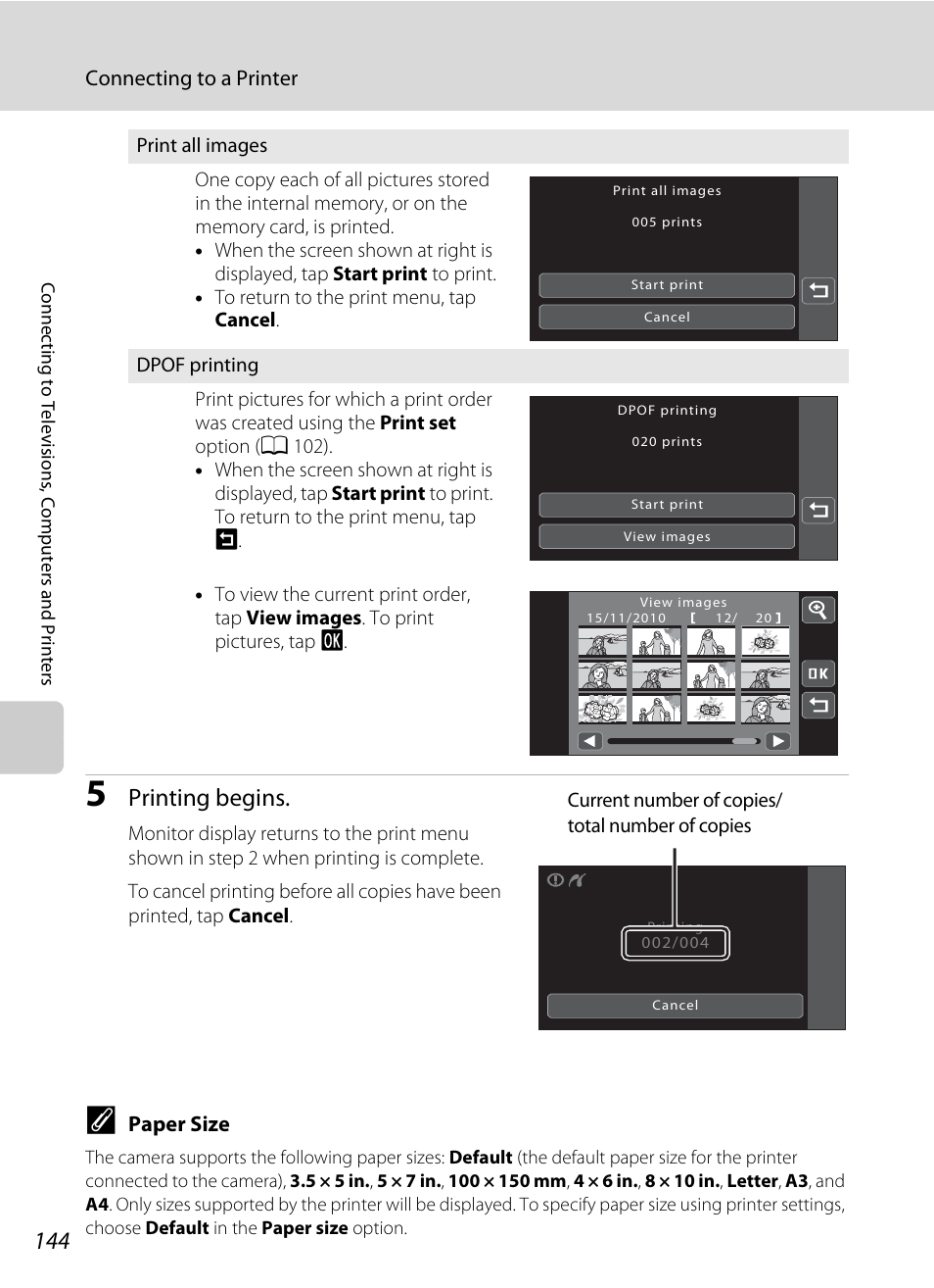 A 144), Printing begins | Nikon Coolpix S80 User Manual | Page 156 / 204