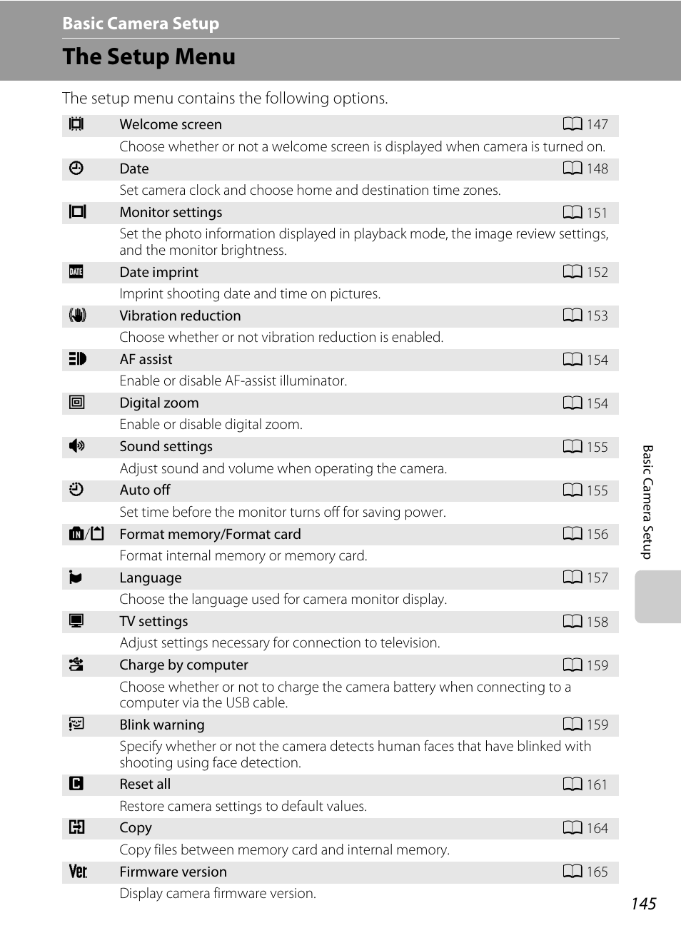 Basic camera setup, The setup menu, A 145) | A 145) a, A 145) and fol, A 145) f, A 145, Setup menu (a 145) when | Nikon Coolpix S80 User Manual | Page 157 / 204