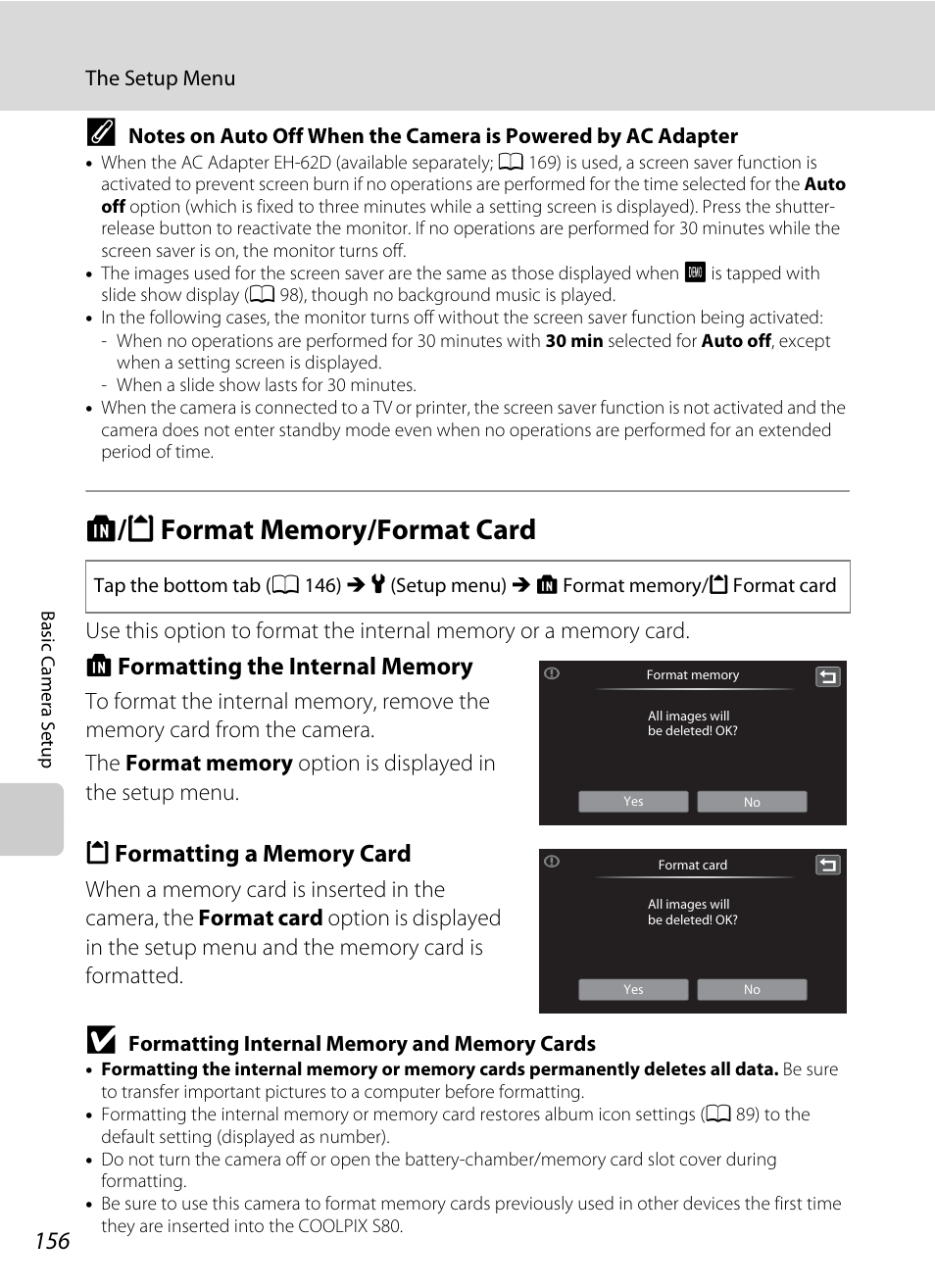 Format memory/format card, L/m format memory/format card, A 156 | Nikon Coolpix S80 User Manual | Page 168 / 204