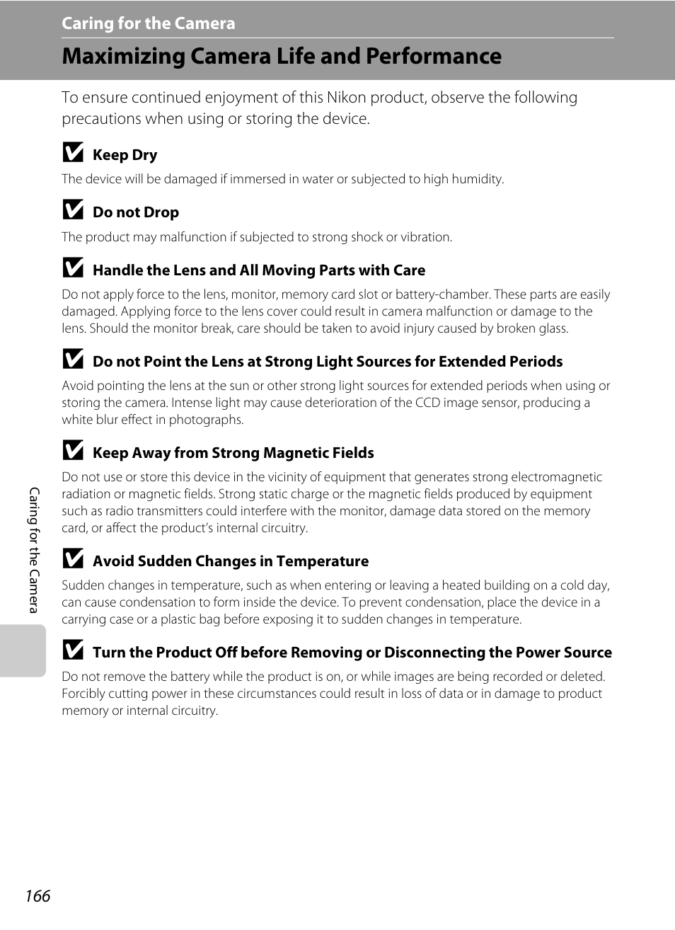 Caring for the camera, Maximizing camera life and performance | Nikon Coolpix S80 User Manual | Page 178 / 204