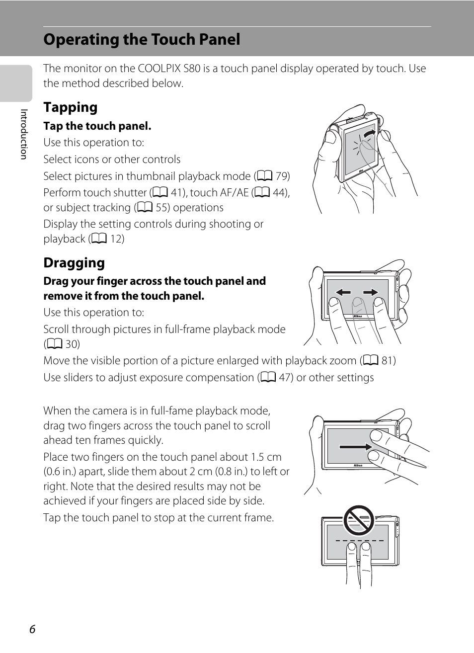 Operating the touch panel, Tapping, Dragging | Tapping dragging | Nikon Coolpix S80 User Manual | Page 18 / 204