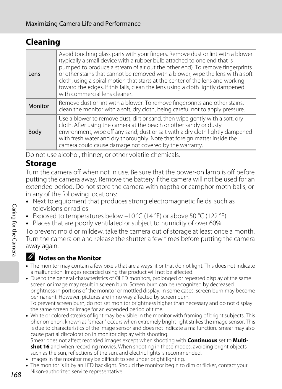 Cleaning, Storage, Cleaning storage | A 168) v | Nikon Coolpix S80 User Manual | Page 180 / 204