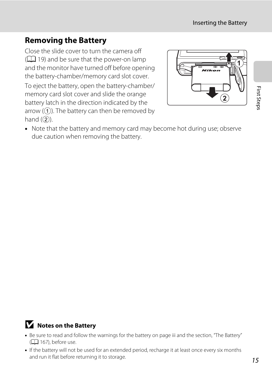 Removing the battery | Nikon Coolpix S80 User Manual | Page 27 / 204