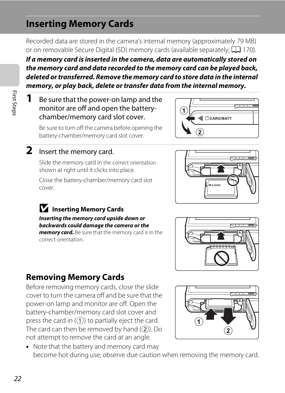 Inserting memory cards, Removing memory cards | Nikon Coolpix S80 User Manual | Page 34 / 204