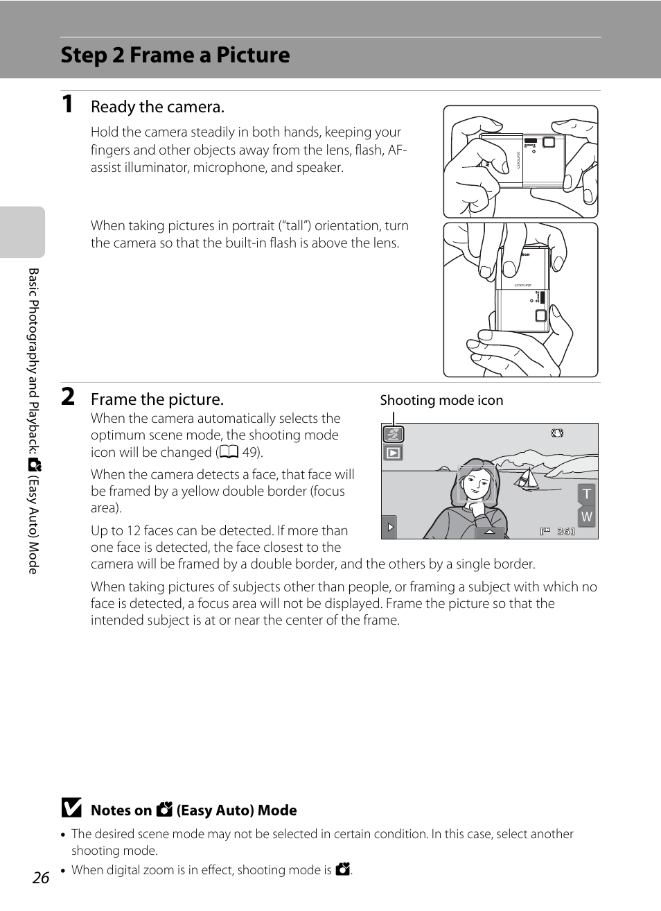 Step 2 frame a picture | Nikon Coolpix S80 User Manual | Page 38 / 204