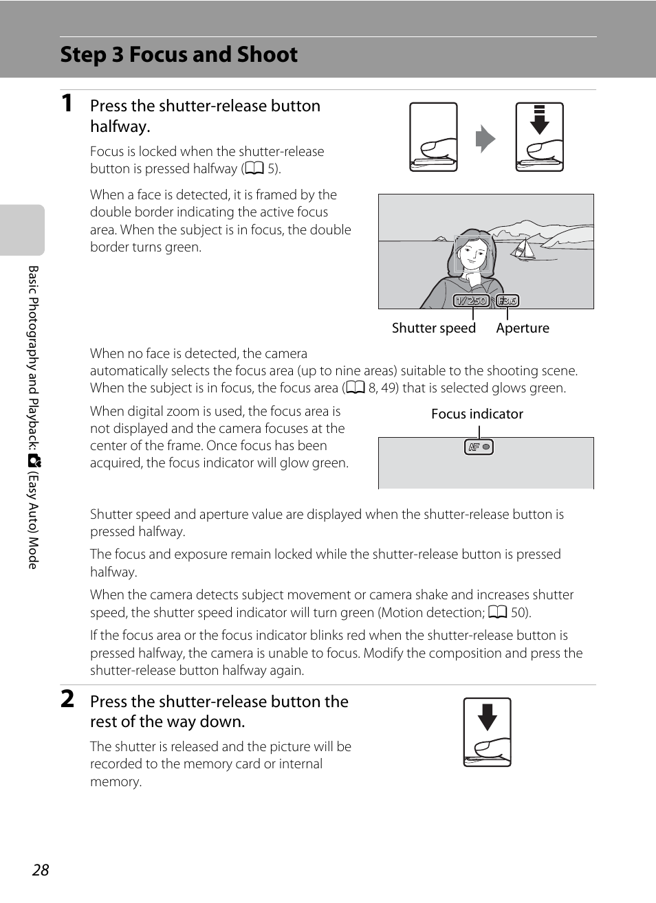 Step 3 focus and shoot, Press the shutter-release button halfway | Nikon Coolpix S80 User Manual | Page 40 / 204