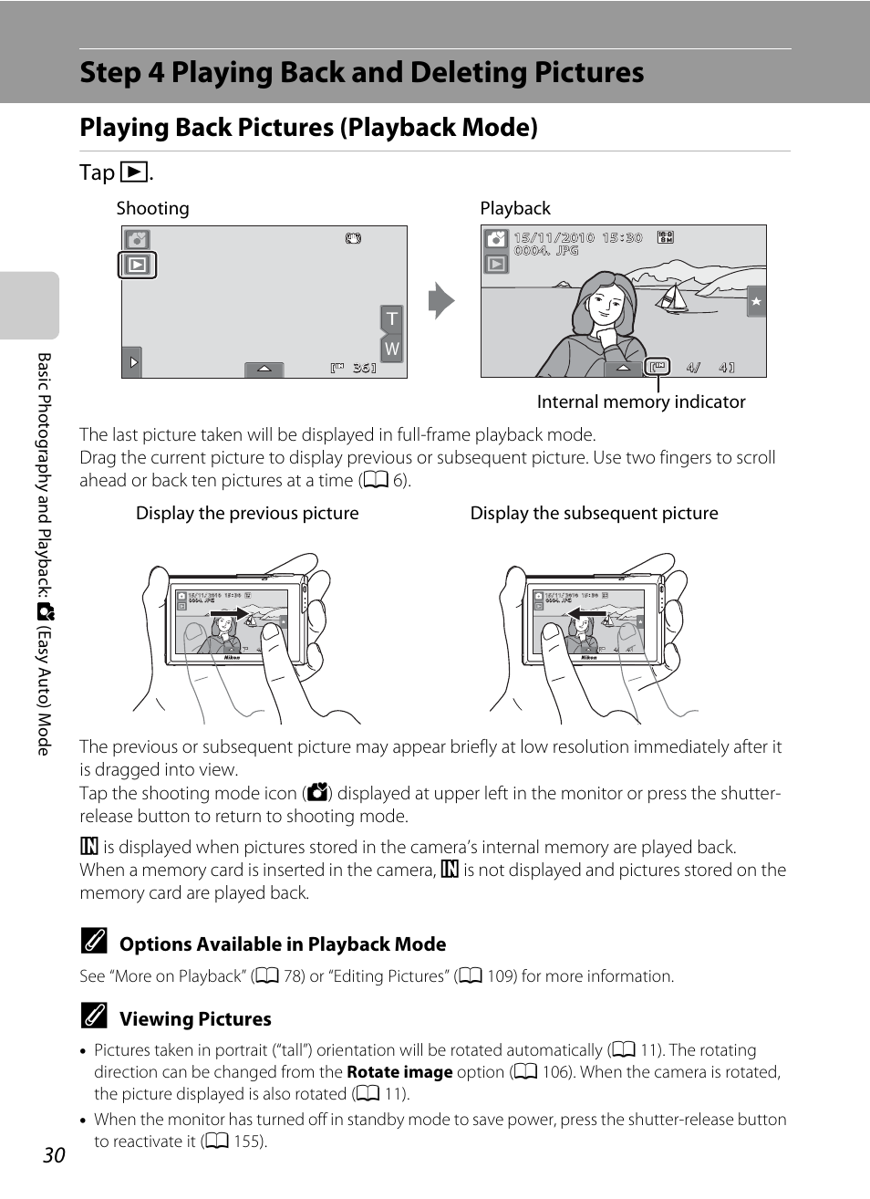 Step 4 playing back and deleting pictures, Playing back pictures (playback mode), A 30 | Tap c, Options available in playback mode, Viewing pictures | Nikon Coolpix S80 User Manual | Page 42 / 204