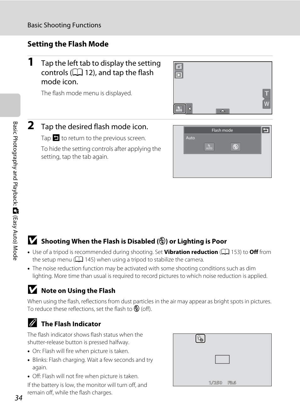 Setting the flash mode, Tap the desired flash mode icon | Nikon Coolpix S80 User Manual | Page 46 / 204