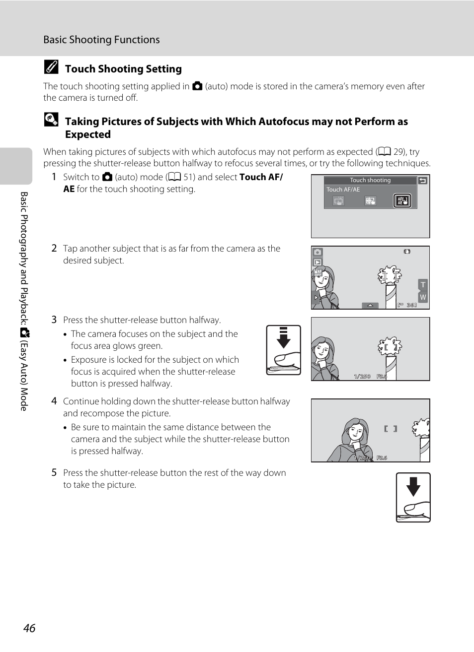 A 46), Basic shooting functions, Touch shooting setting | Nikon Coolpix S80 User Manual | Page 58 / 204