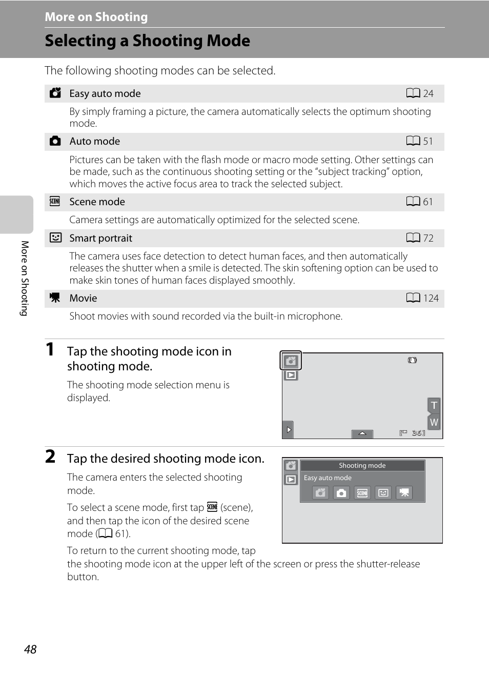 More on shooting, Selecting a shooting mode, A 48) | Nikon Coolpix S80 User Manual | Page 60 / 204