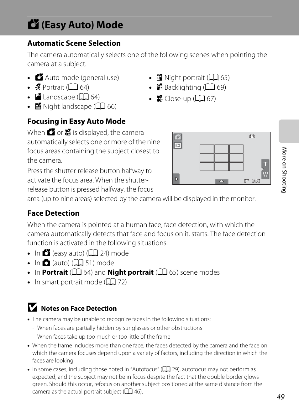 Easy auto mode, G (easy auto) mode, E scene | A 49), Ee “notes on face detection, Automatic scene selection, Focusing in easy auto mode, Face detection | Nikon Coolpix S80 User Manual | Page 61 / 204