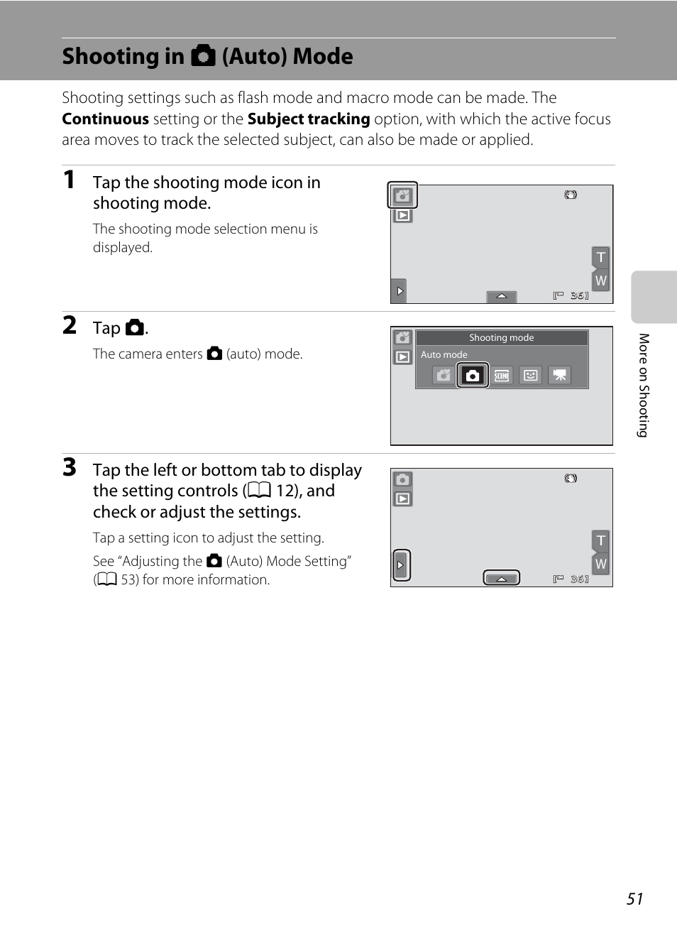 Shooting in auto mode, Shooting in a (auto) mode, A 51 | Auto) (a 51) mode | Nikon Coolpix S80 User Manual | Page 63 / 204