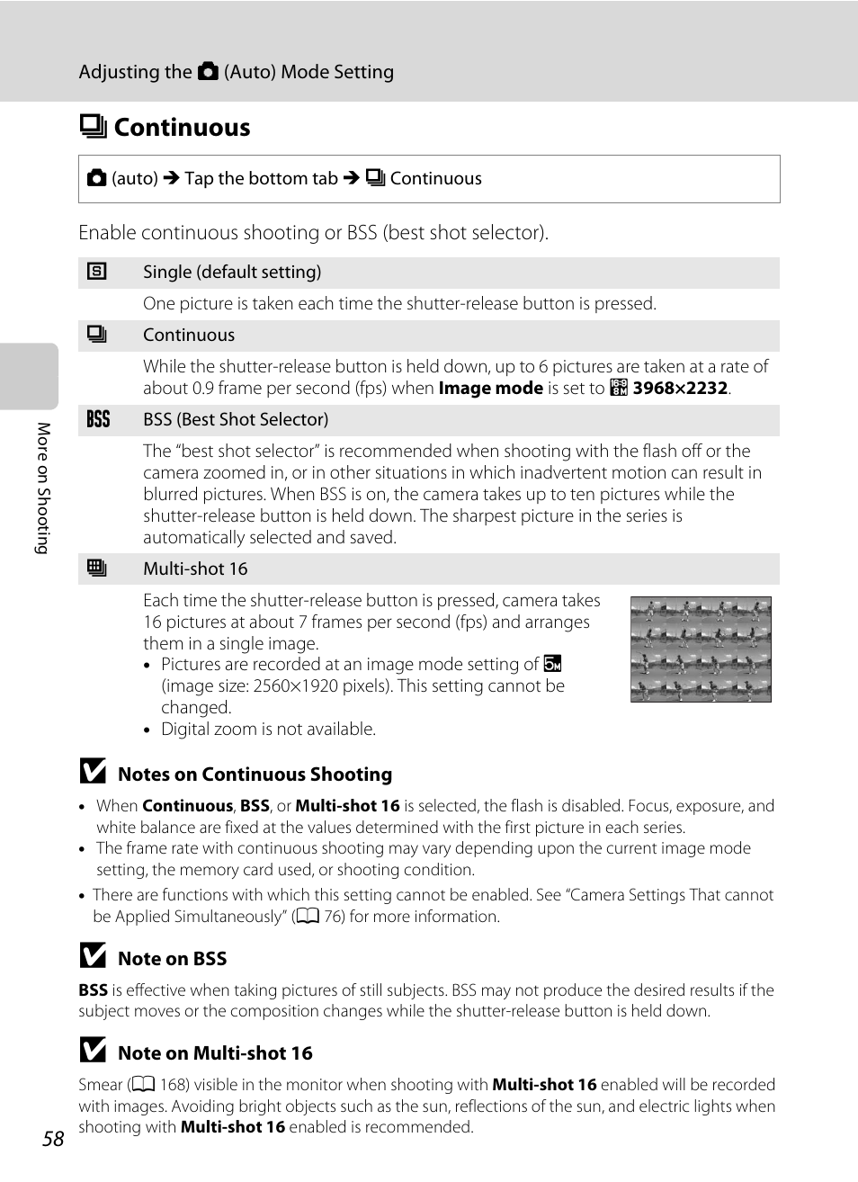 Continuous, V continuous, A 58 | Nikon Coolpix S80 User Manual | Page 70 / 204