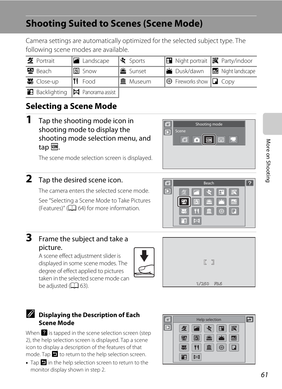 Shooting suited to scenes (scene mode), Selecting a scene mode, A 61), or smart po | A 61, A 61), A 61), sma, Mode, Tap the desired scene icon, Frame the subject and take a picture | Nikon Coolpix S80 User Manual | Page 73 / 204