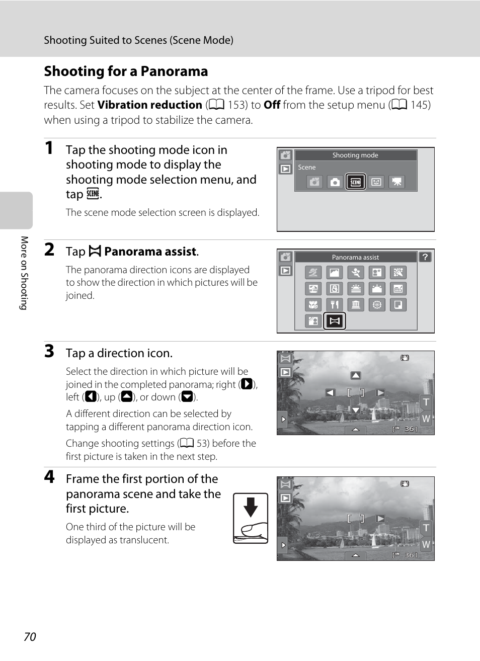 Shooting for a panorama, Re. see “shooting for a panorama, A 70) for more | Nikon Coolpix S80 User Manual | Page 82 / 204