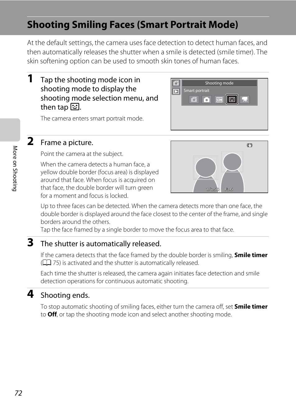 Shooting smiling faces (smart portrait mode), A 72, A 72) | Mode (a 72) | Nikon Coolpix S80 User Manual | Page 84 / 204
