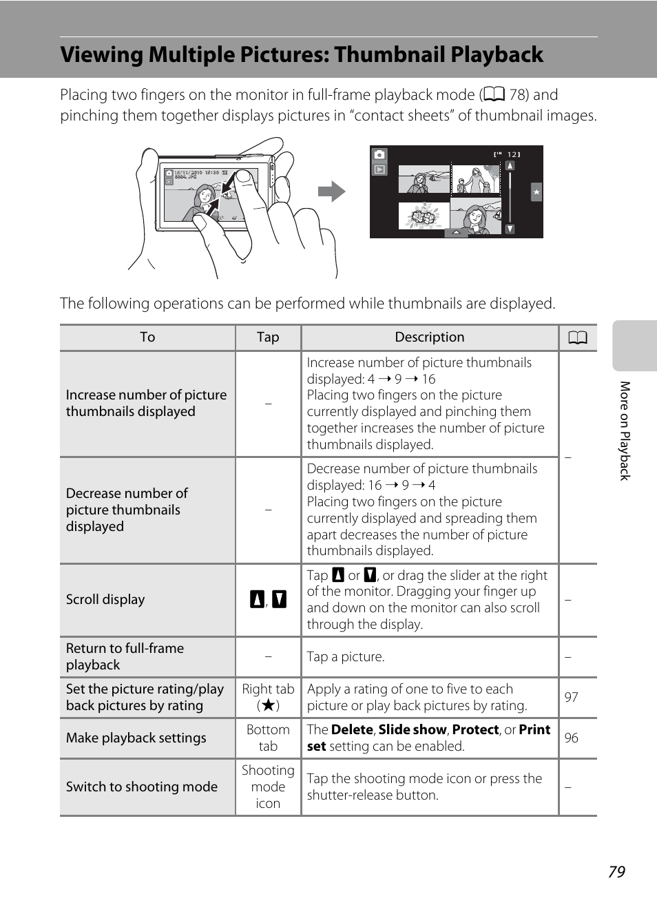 Viewing multiple pictures: thumbnail playback, A 79), Mode | Nikon Coolpix S80 User Manual | Page 91 / 204