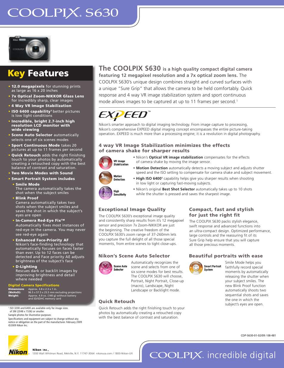 Key features, The coolpix s630 | Nikon Coolpix S630 User Manual | Page 2 / 2