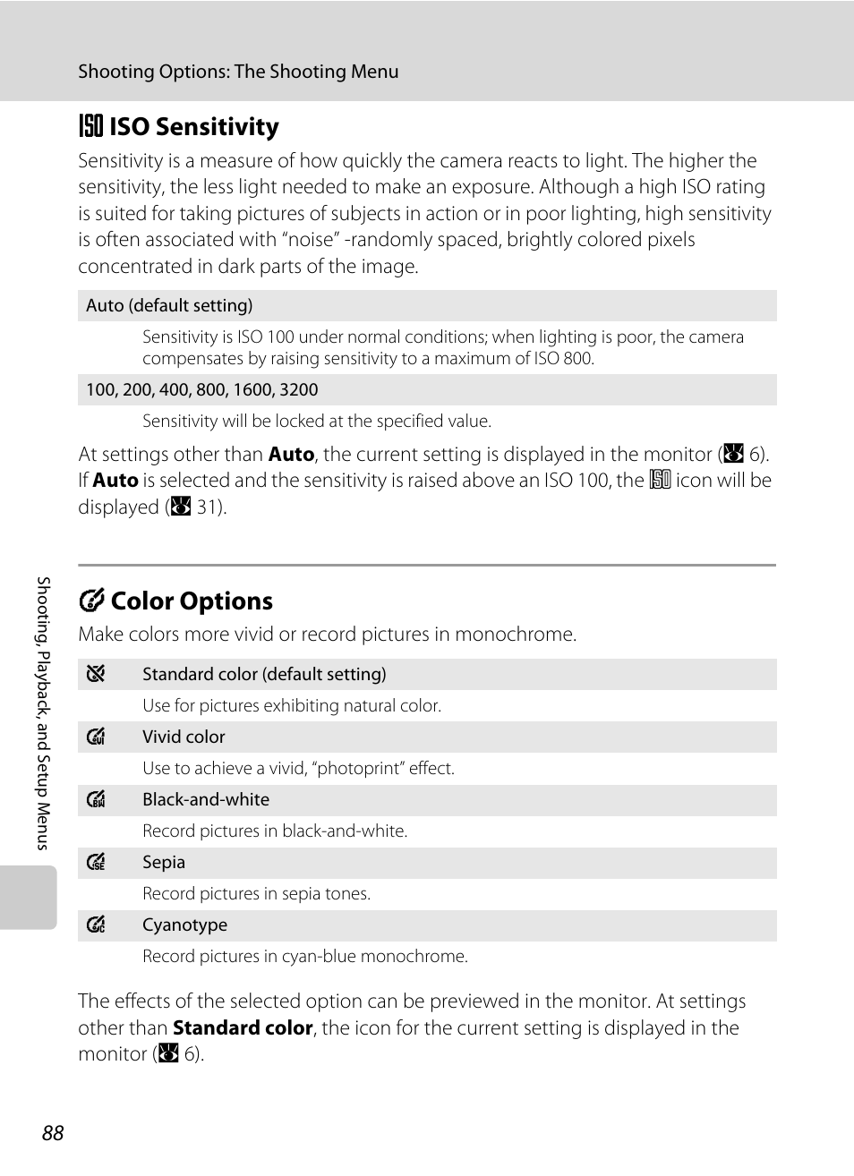 Iso sensitivity, Color options, E iso sensitivity f color options | A 88, E iso sensitivity, F color options | Nikon Coolpix S52c User Manual | Page 100 / 147