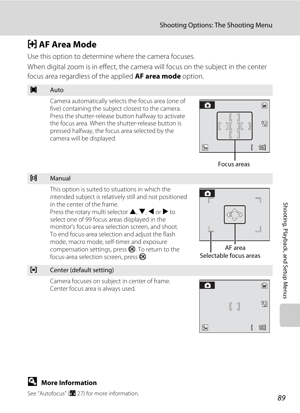 Af area mode, G af area mode, A 89). when | A 89 | Nikon Coolpix S52c User Manual | Page 101 / 147