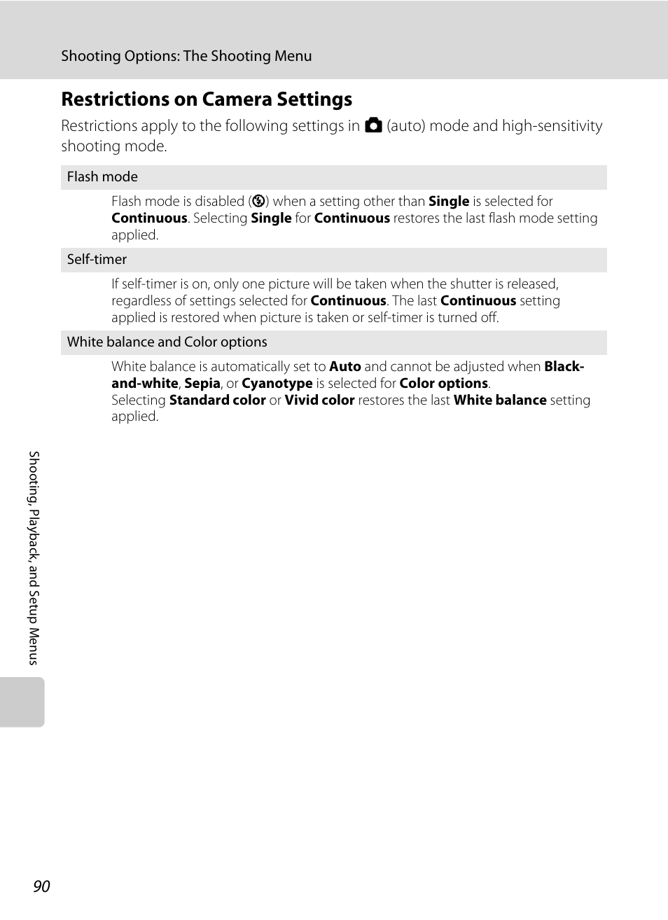 Restrictions on camera settings, A 90 | Nikon Coolpix S52c User Manual | Page 102 / 147
