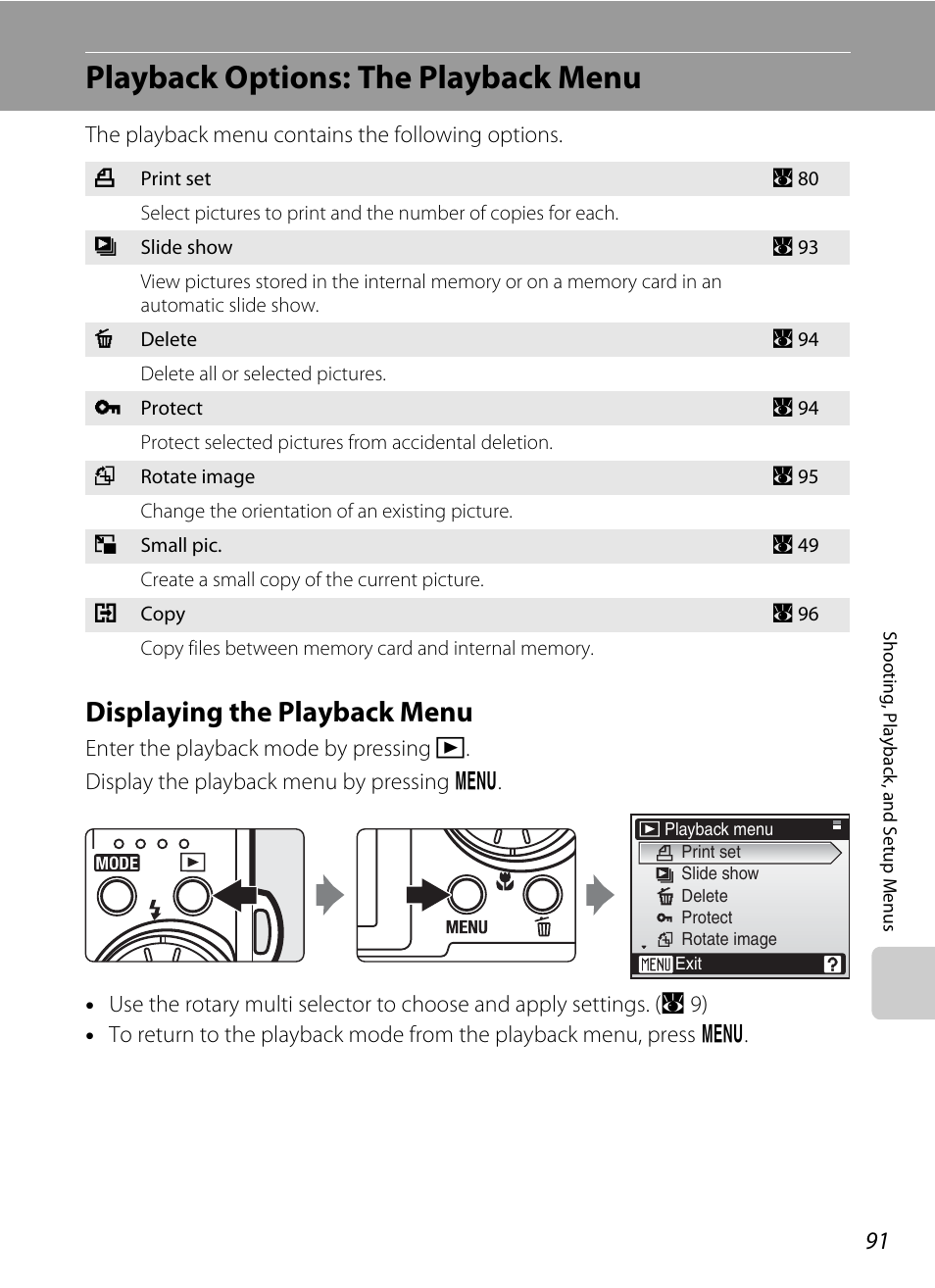 Playback options: the playback menu, Displaying the playback menu | Nikon Coolpix S52c User Manual | Page 103 / 147