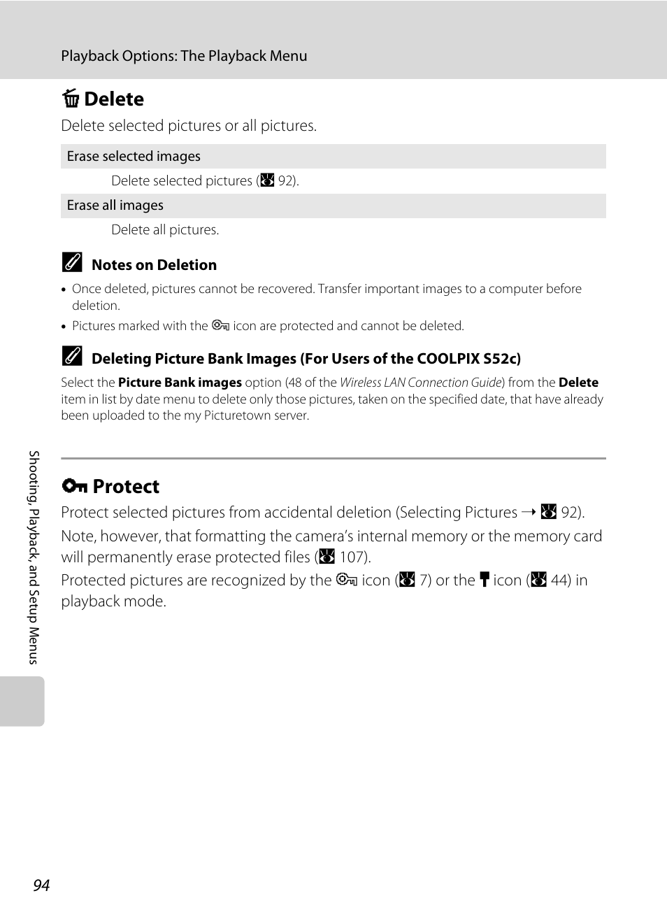 Delete, Protect, C delete d protect | A 94) are, Ting (a 94), A 94, A 94), C delete, D protect | Nikon Coolpix S52c User Manual | Page 106 / 147
