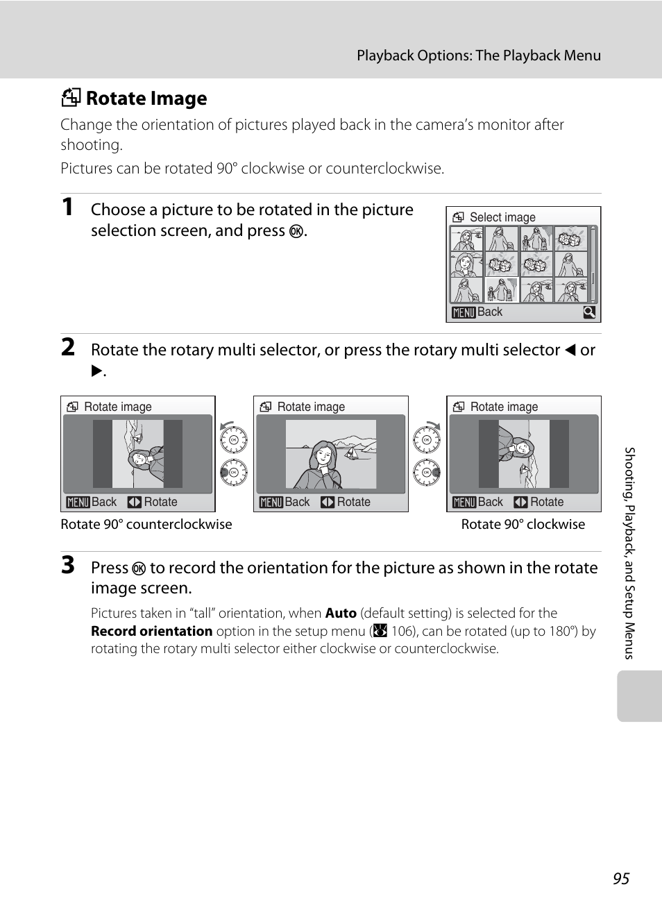 Rotate image, F rotate image, A 95) | A 95) opti, A 95 | Nikon Coolpix S52c User Manual | Page 107 / 147