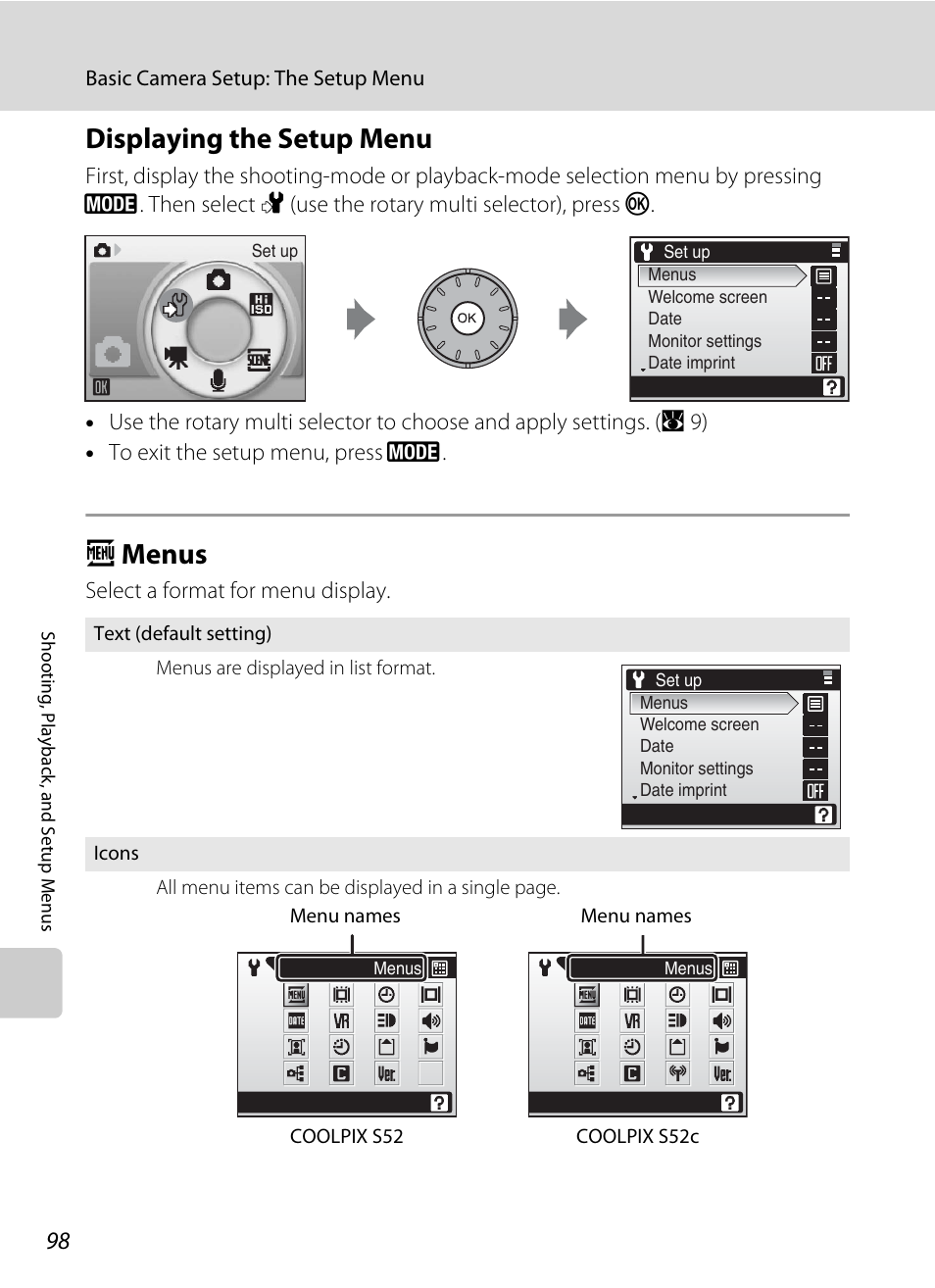 Displaying the setup menu, Menus, Displaying the setup menu a menus | A 98, A menus | Nikon Coolpix S52c User Manual | Page 110 / 147