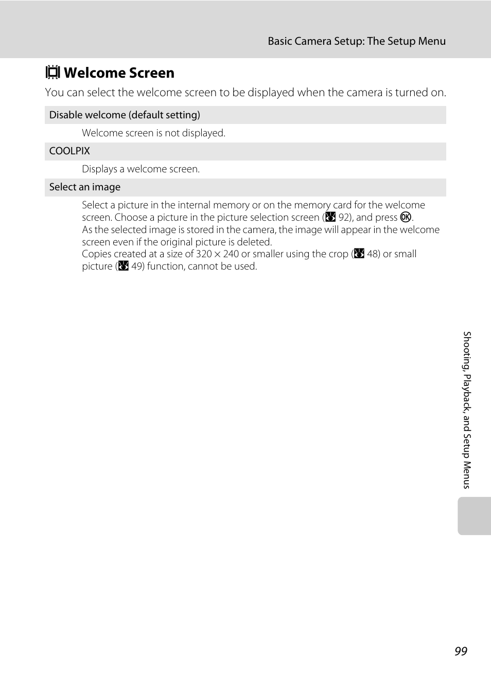 Welcome screen, C welcome screen, A 99) | A 99 | Nikon Coolpix S52c User Manual | Page 111 / 147