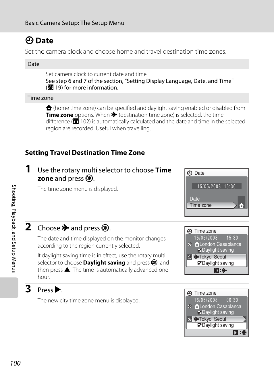 Date, D date, A 100) | A 100) i, A 100, Setting travel destination time zone, Choose x and press k, Press k | Nikon Coolpix S52c User Manual | Page 112 / 147