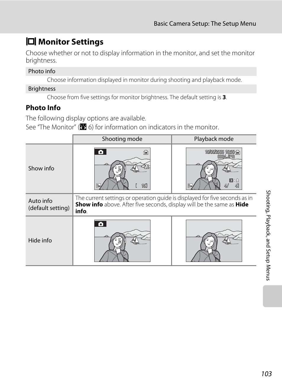 Monitor settings, E monitor settings, A 103) | A 103, Photo info | Nikon Coolpix S52c User Manual | Page 115 / 147