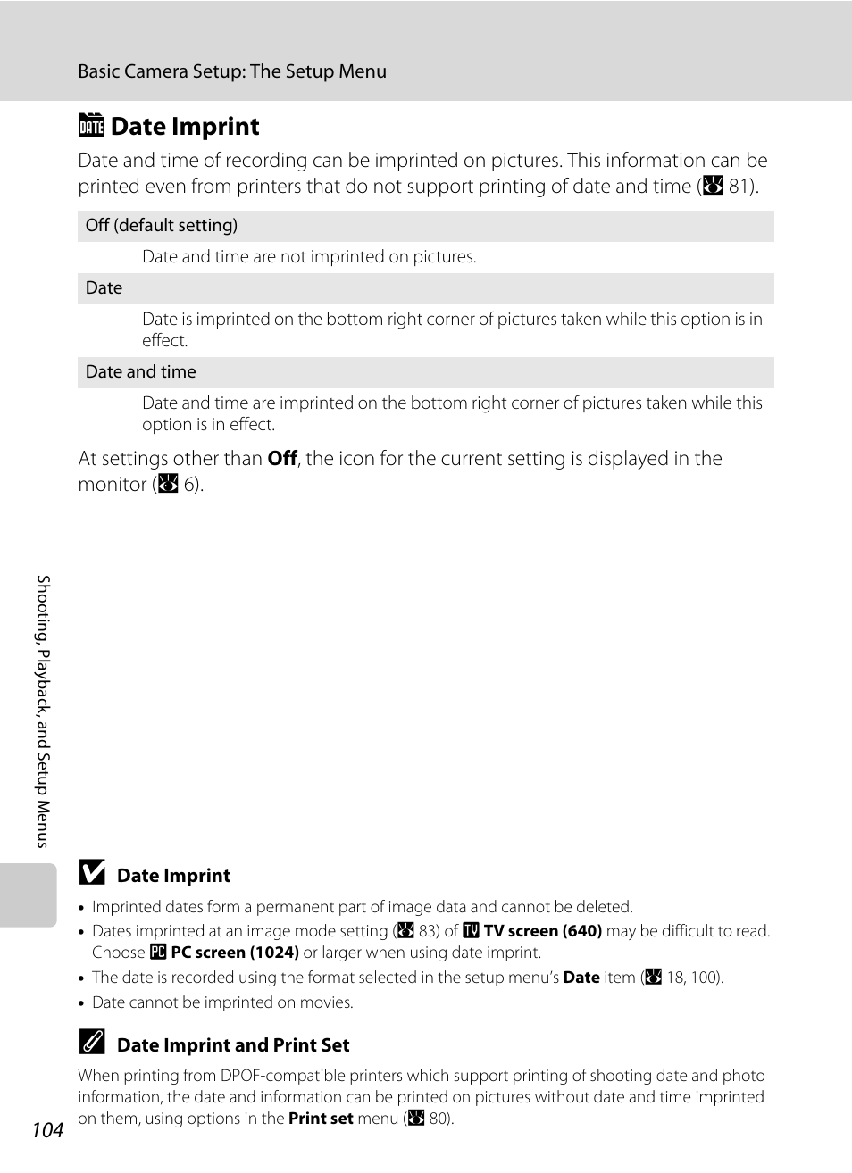 Date imprint, C date imprint, A 104) | A 104 | Nikon Coolpix S52c User Manual | Page 116 / 147