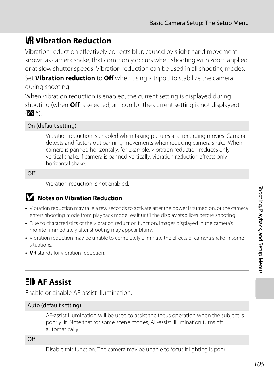 Vibration reduction, Af assist, G vibration reduction h af assist | A 105), A 105) of, A 105) to, A 105) setti, A 105, G vibration reduction, H af assist | Nikon Coolpix S52c User Manual | Page 117 / 147