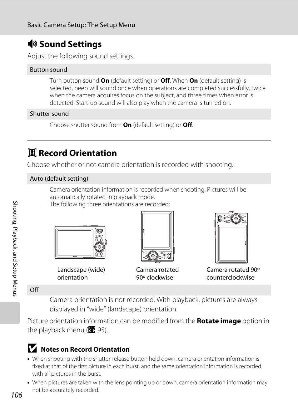 Sound settings, Record orientation, I sound settings j record orientation | A 106), A 106, I sound settings, J record orientation | Nikon Coolpix S52c User Manual | Page 118 / 147