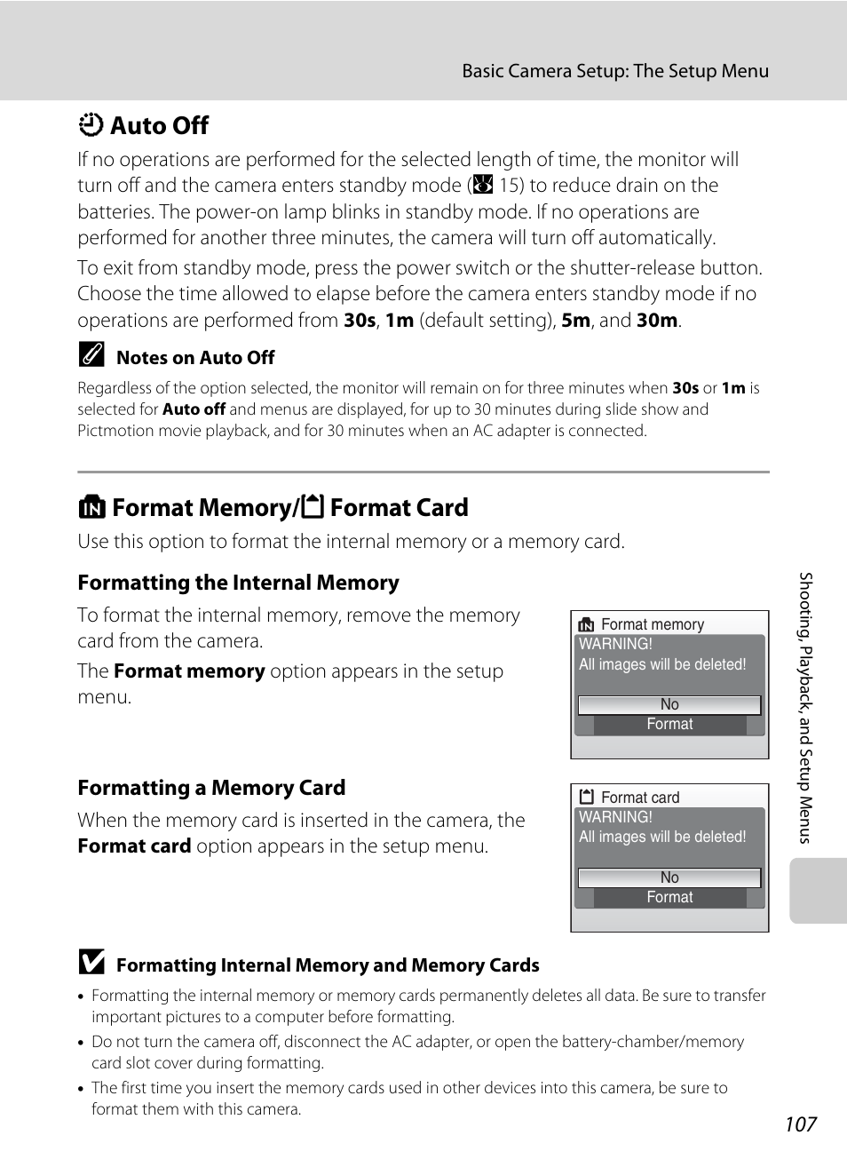 Auto off, Format memory/format card, K auto off l format memory/m format card | A 107), A 107, K auto off | Nikon Coolpix S52c User Manual | Page 119 / 147