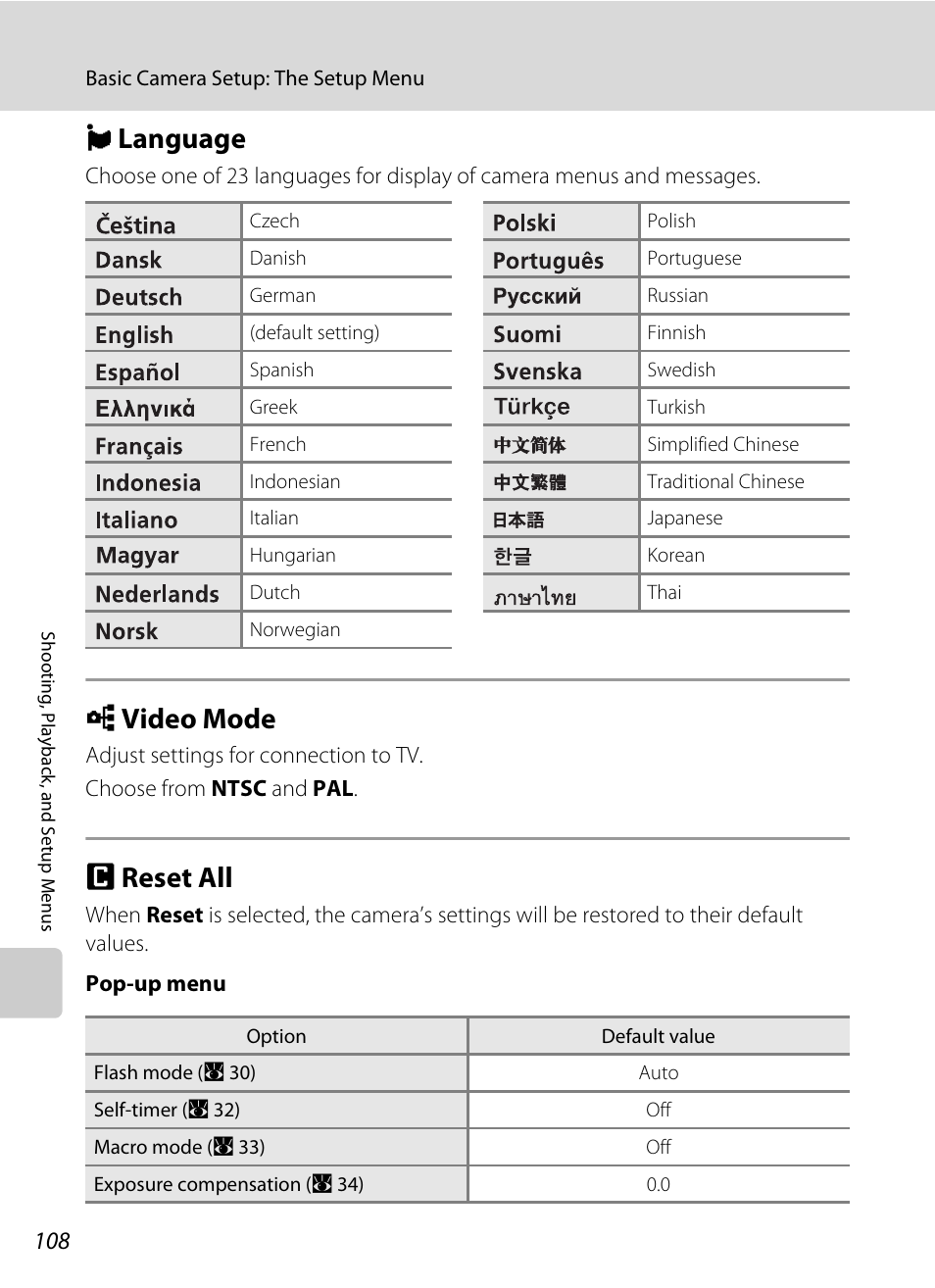 Language, Video mode, Reset all | N language o video mode p reset all, A 108, N language, O video mode, P reset all | Nikon Coolpix S52c User Manual | Page 120 / 147