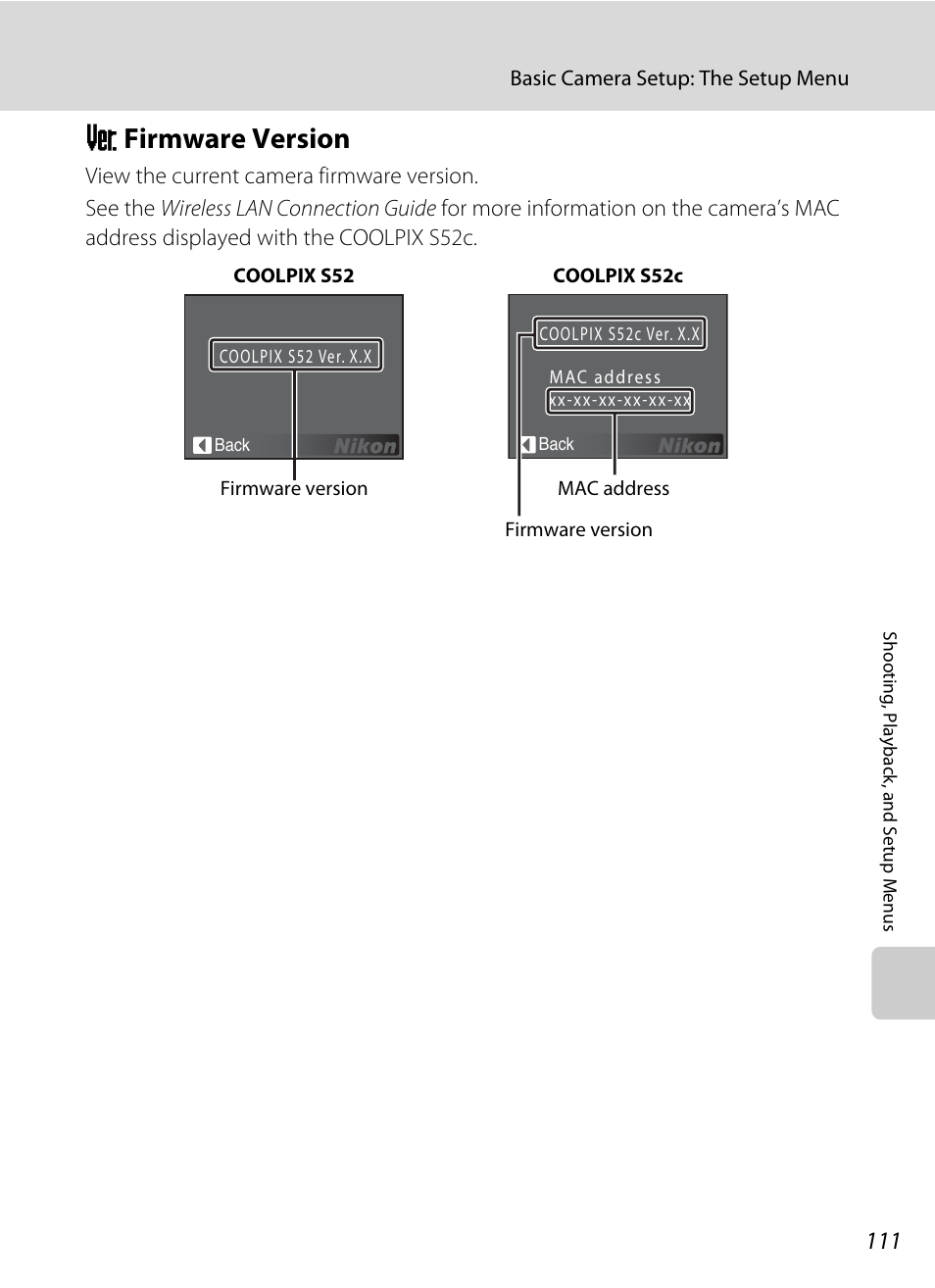 Firmware version, R firmware version, A 111 | Nikon Coolpix S52c User Manual | Page 123 / 147